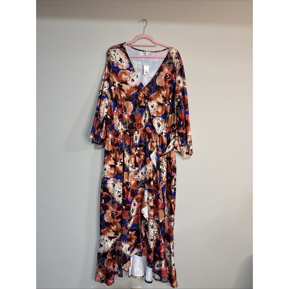 Cato Women's Multicolor 18/20W Wrap Dress Floral Print Deep V-Neck Long Sleeve